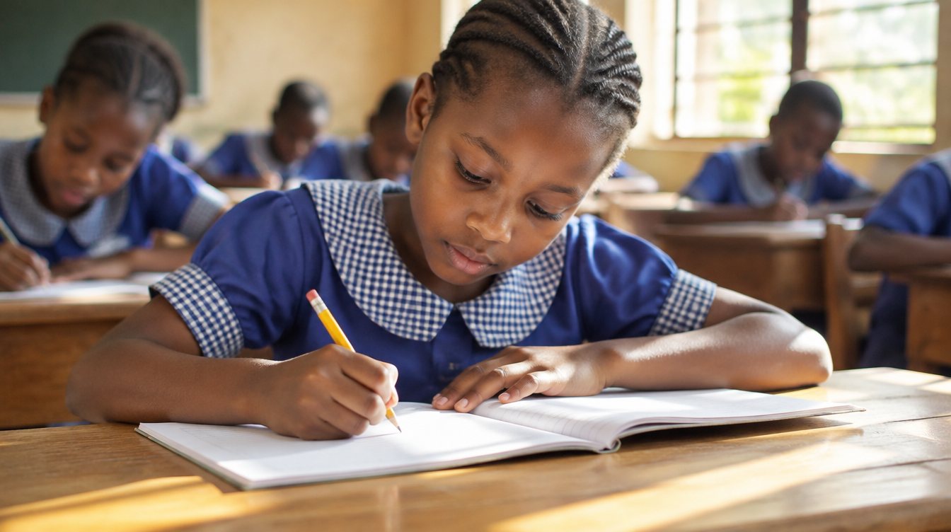 A girl writing in an exercise book at her desk in a sunlit classroom