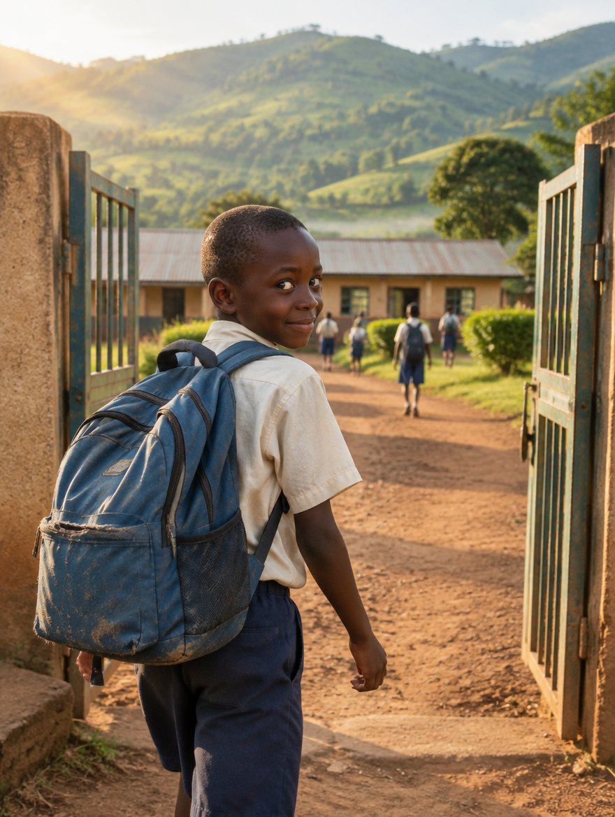 A boy with a backpack looking back as he walks through the school gate