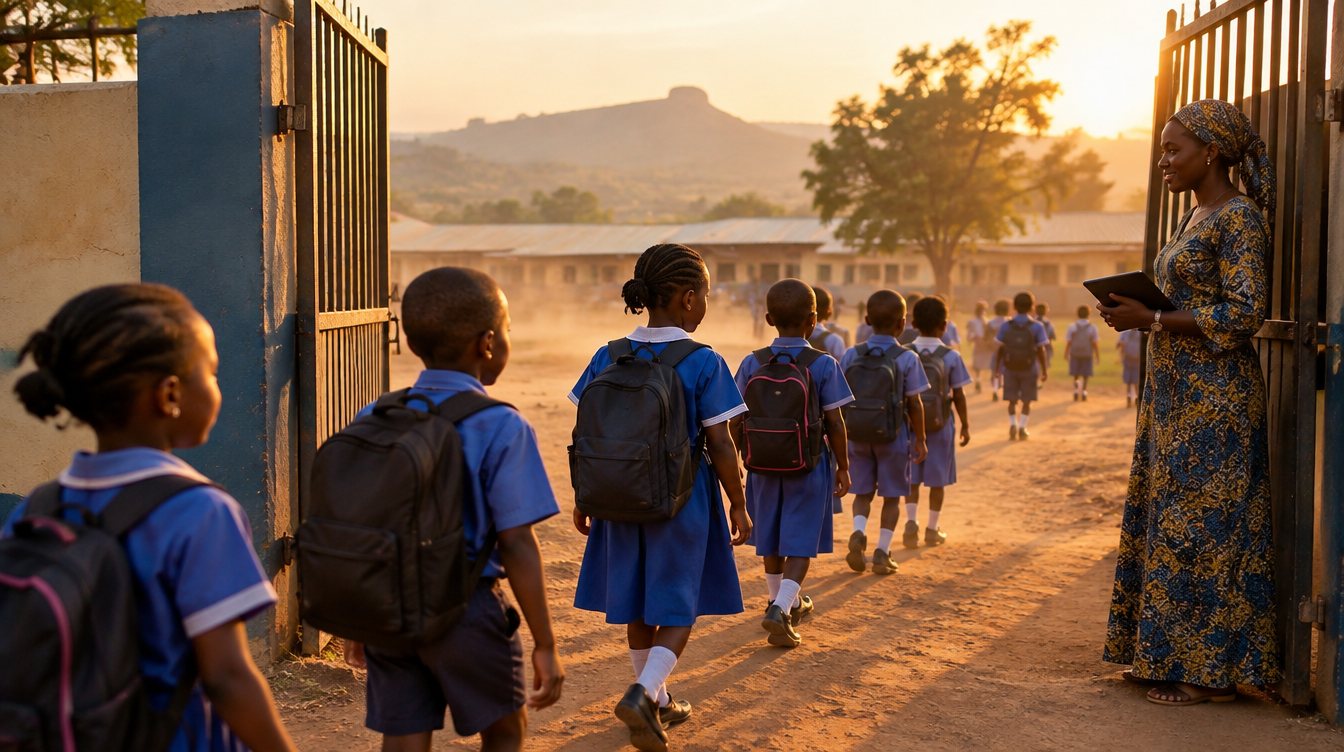 Children walking through a school gate at dawn, a teacher at the gate with a tablet
