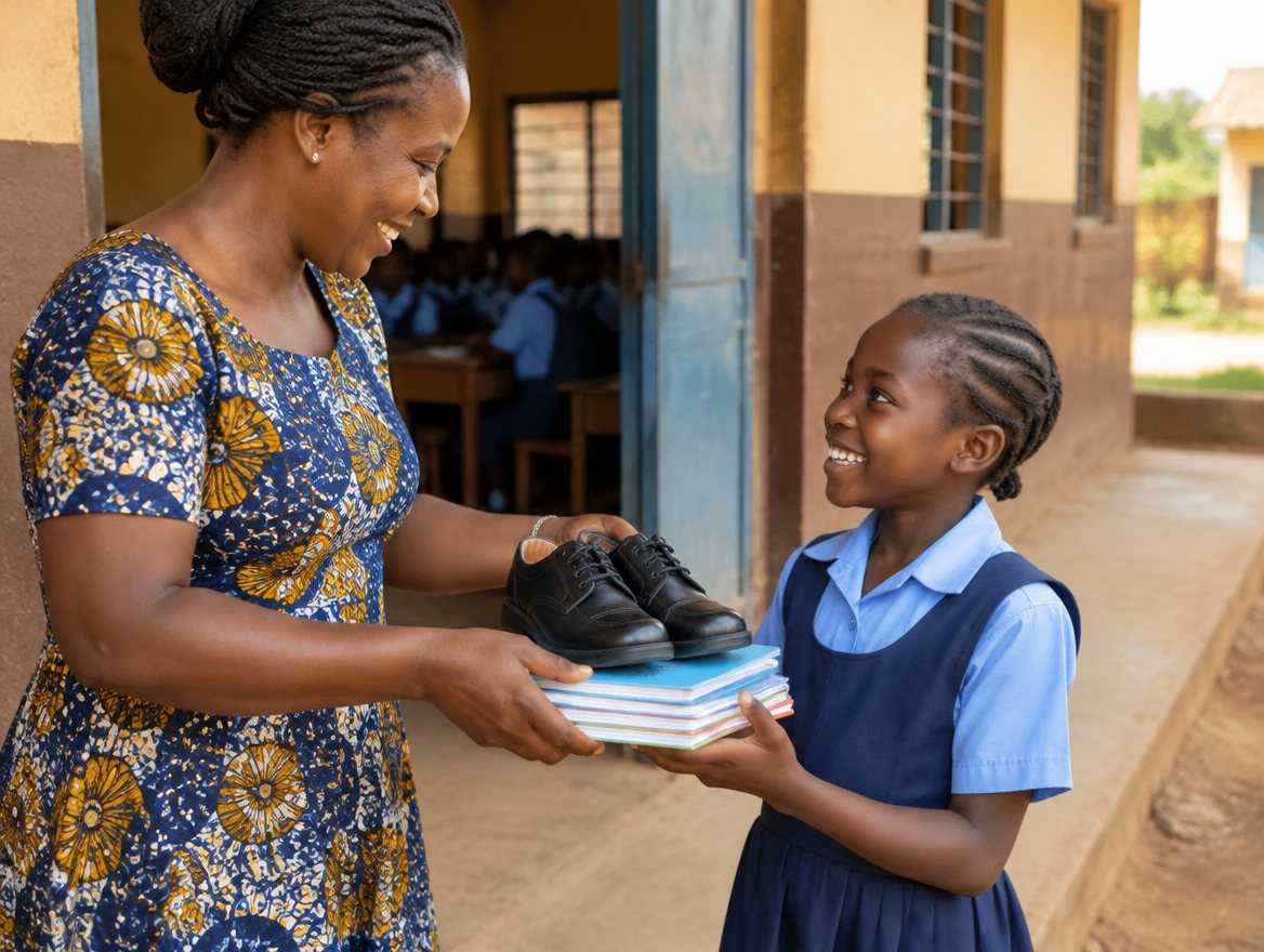 A teacher handing a girl new school shoes and exercise books at the classroom door