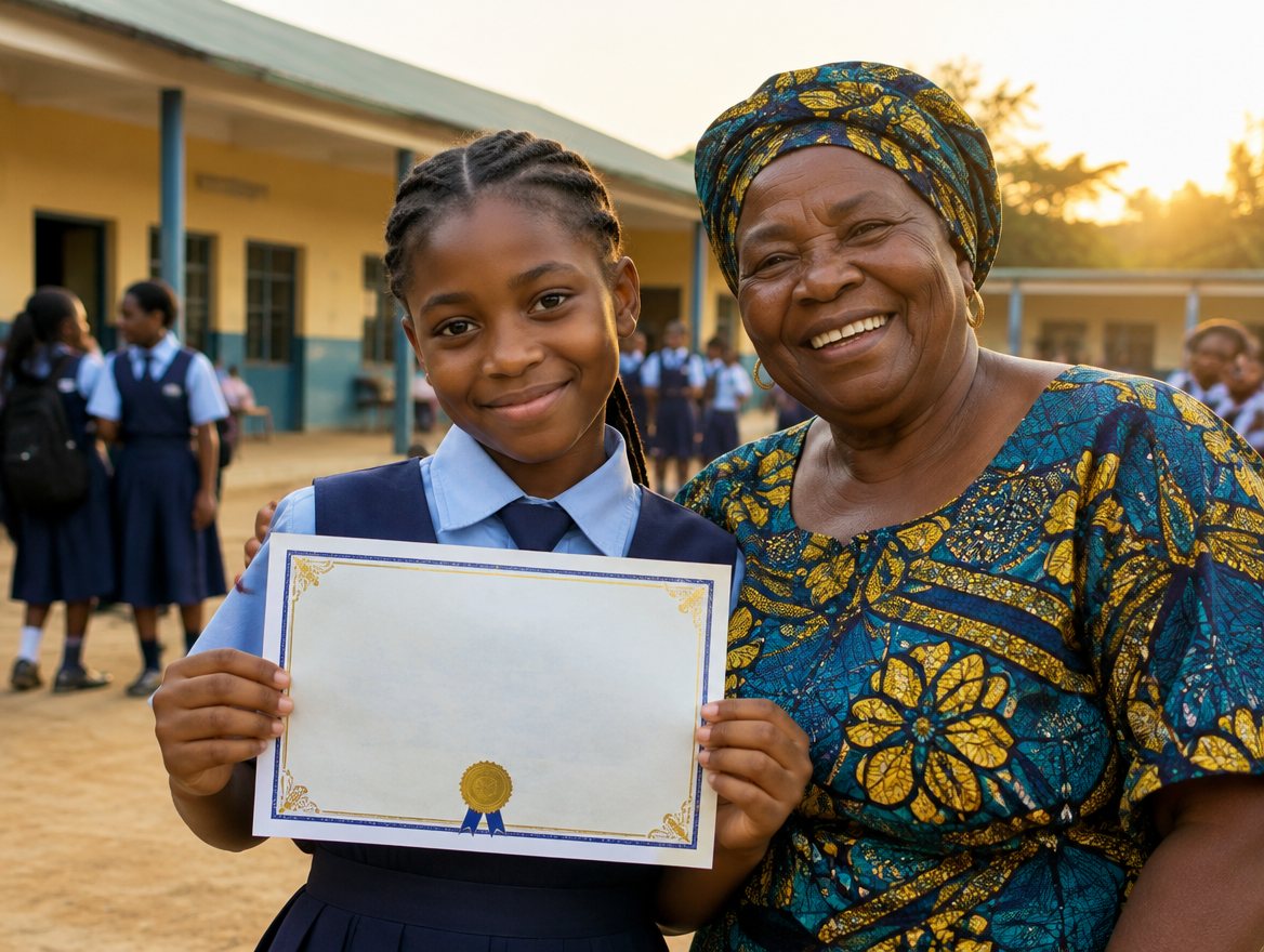 A girl holding her primary school leaving certificate beside her grandmother