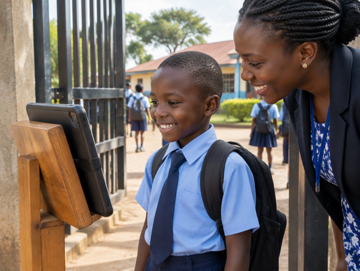 A boy smiling into a tablet by the school gate while a teacher looks on