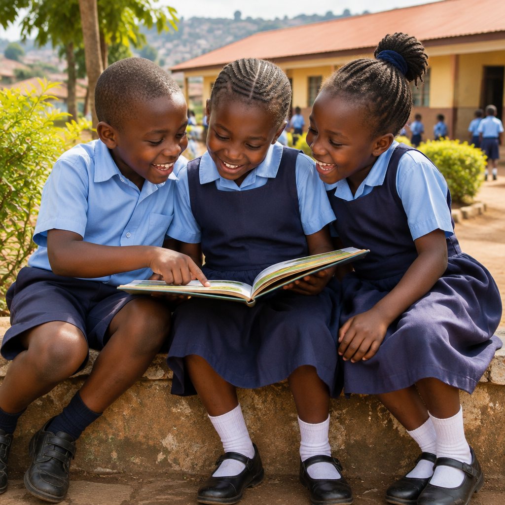 Three children in uniform laughing over one book together