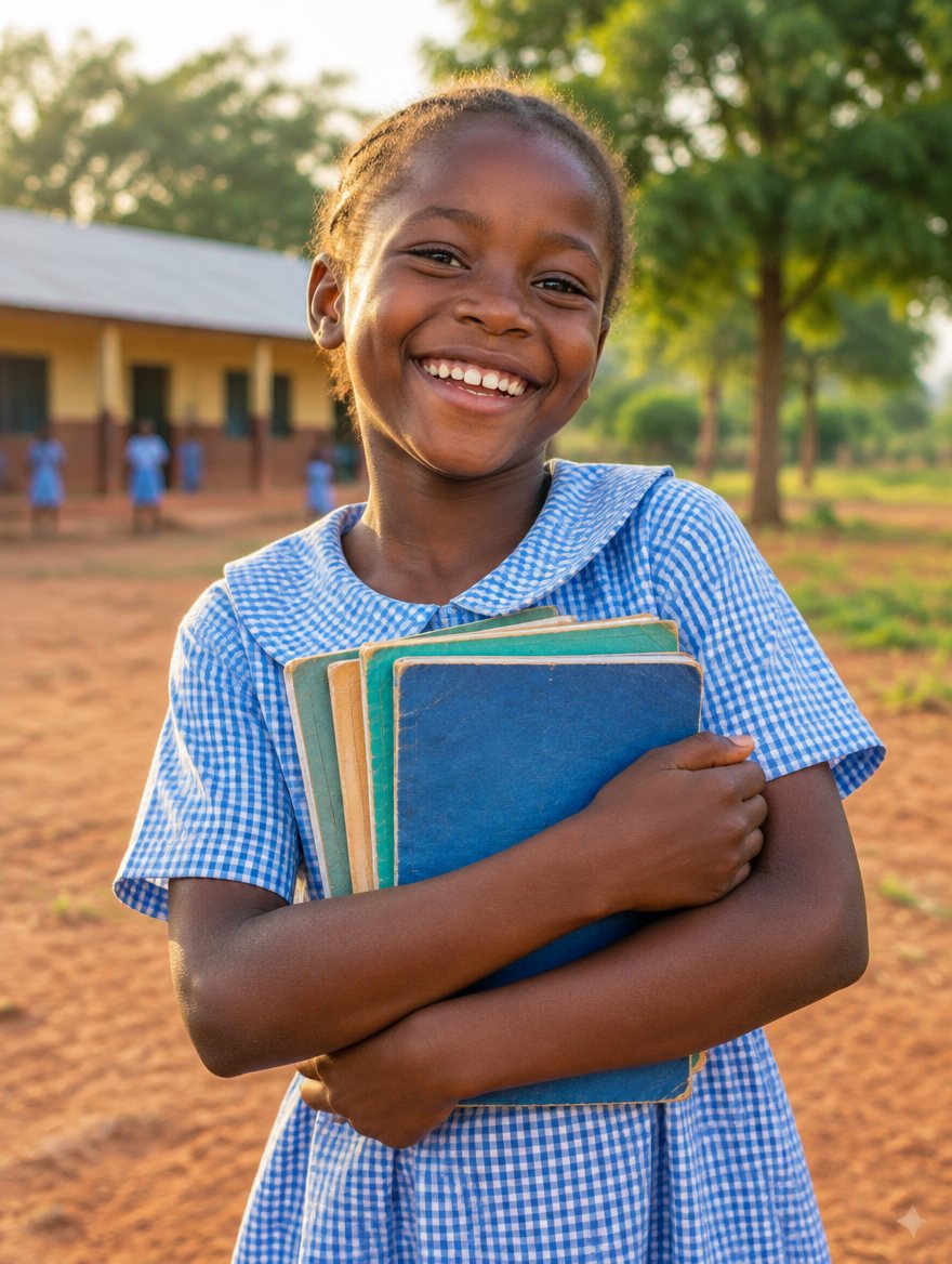 A girl in a blue checked uniform hugging her exercise books outside her school